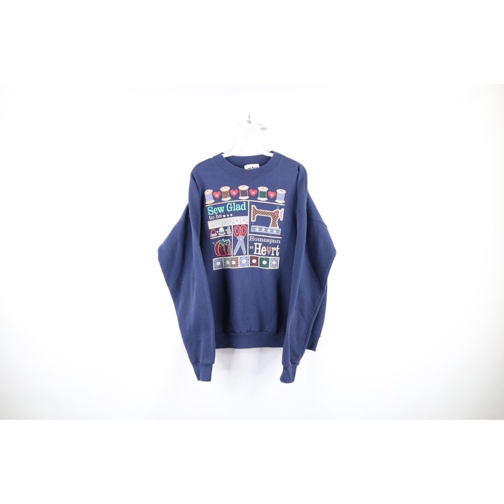 Vintage 90s Womens Xl Faded Cottagecore Farmhouse Quilt Sewing Sweatshirt Usa